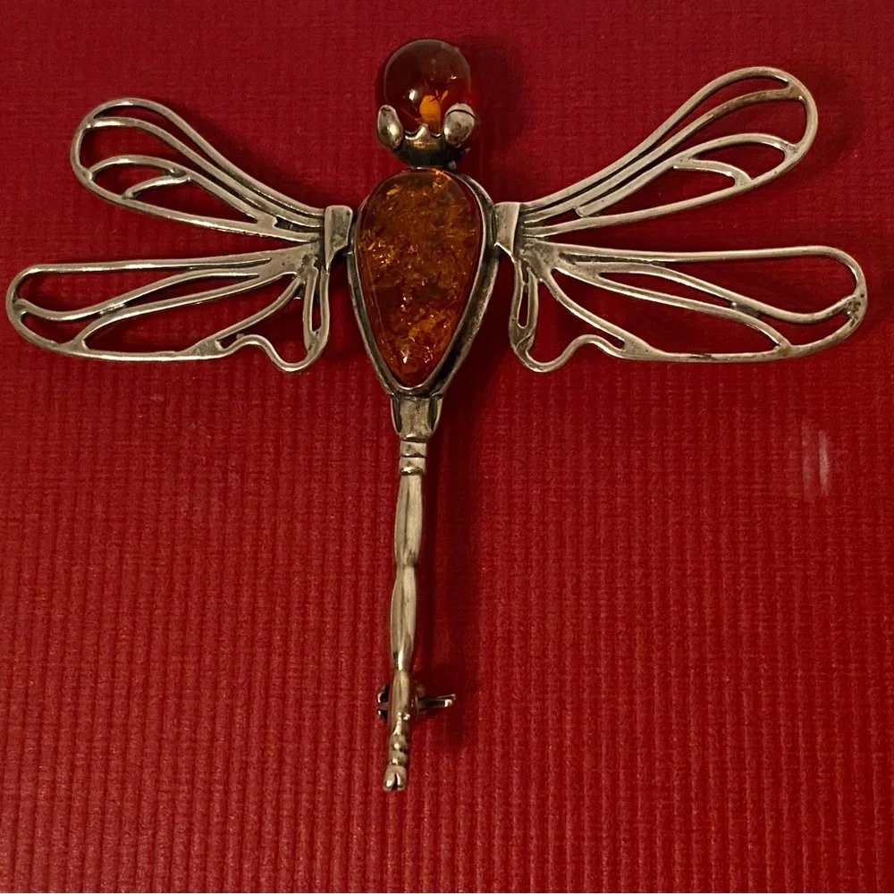 BROOCH PIN AMBER STERLING SILVER 925 DRAGONFLY 8.4 g